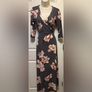 Floral Long Sleeve Wrap Maxi Dress - Gray and Pink